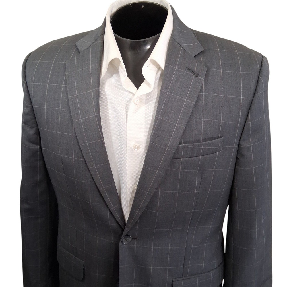 Joe Joseph Abboud Sport Coat Mens 40R Gray Windowpane Wool Blazer Double Vent